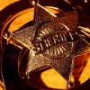 A sheriff's badge on a background of handcuffs.