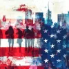 A modern digital illustration depicting various silhouettes of people in front of an American flag and cityscape, symbolizing the diverse electorate and the importance of voting