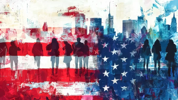 A modern digital illustration depicting various silhouettes of people in front of an American flag and cityscape, symbolizing the diverse electorate and the importance of voting