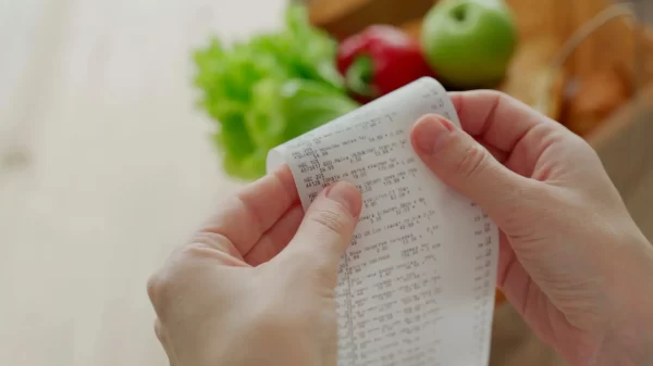 Grocery tax. Close-up woman looking a check from a supermarket. Expense tracking and budgeting.