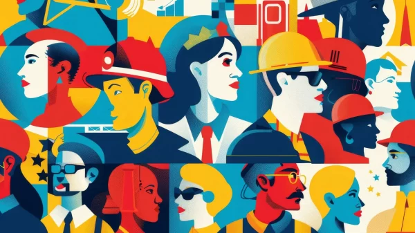 Join us in honoring the hardworking individuals from various professions as they come together to commemorate Labor Day in this colorful illustration.