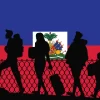 Immigration and refugees front of Haiti flag, immigrant and refugee concept, Haiti immigrants, refugee day, freedom and human rights idea, poverty and illegal immigrants