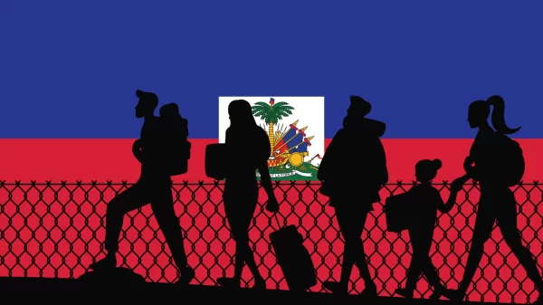 Immigration and refugees front of Haiti flag, immigrant and refugee concept, Haiti immigrants, refugee day, freedom and human rights idea, poverty and illegal immigrants