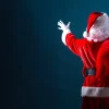 Santa holding a red sack on a dark blue background