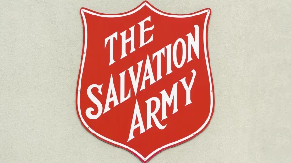 Salvation Army sign. The Salvation Army is an international Christian charitable organization